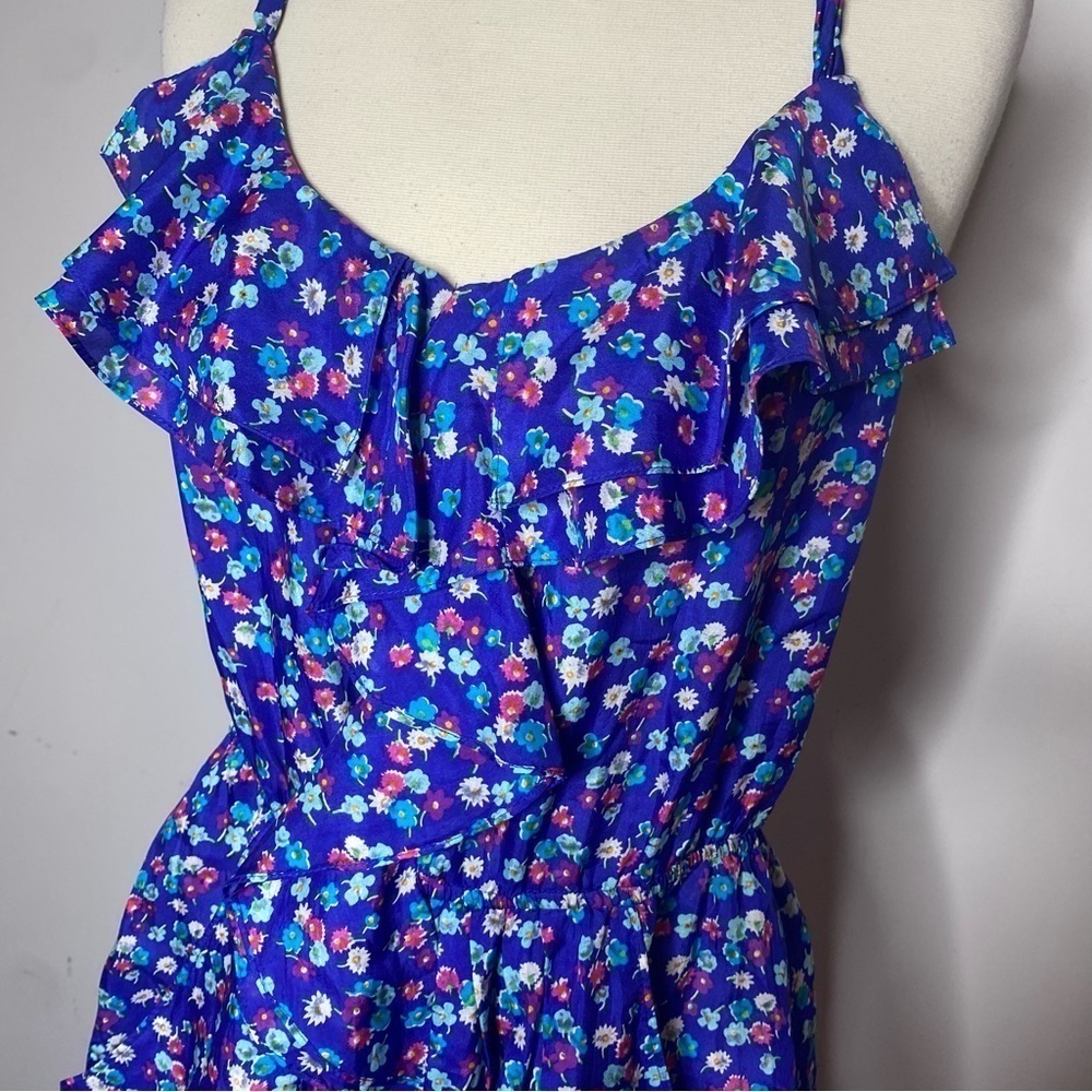 REBECCA Taylor 100% Silk Mini Ruffle Dress With Pockets | Blue Multi - Picture 6 of 7